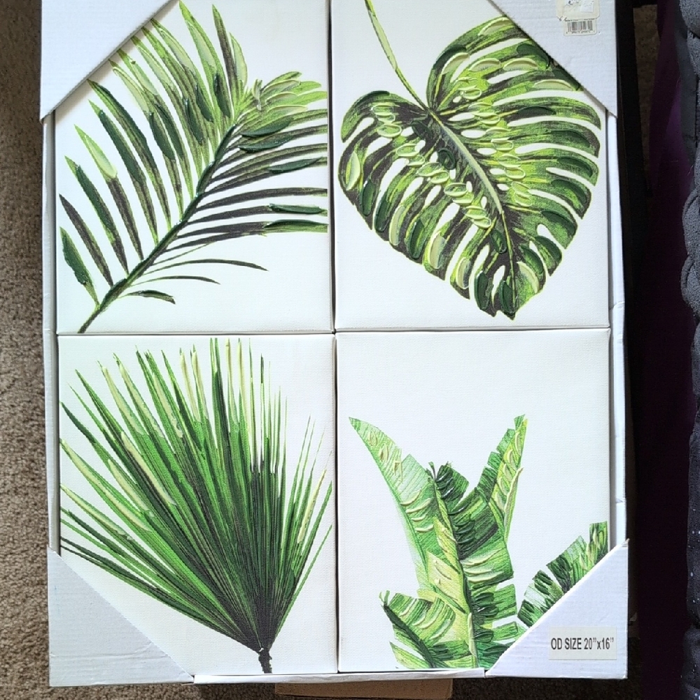 Green Leaf Canvas Wall Art, Set of 4 Plant Paintings